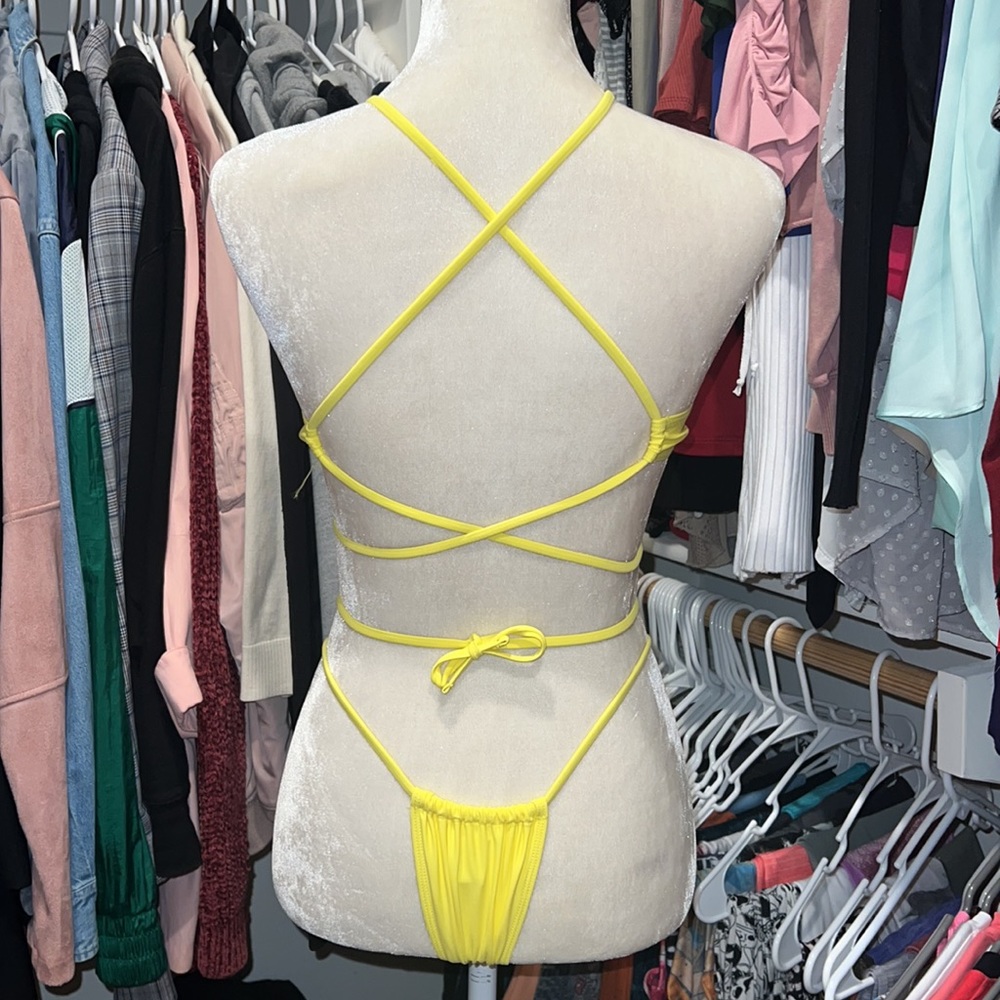 Yellow Bandeau bikini with added AB RHINESTONES. Size small. - Picture 7 of 9